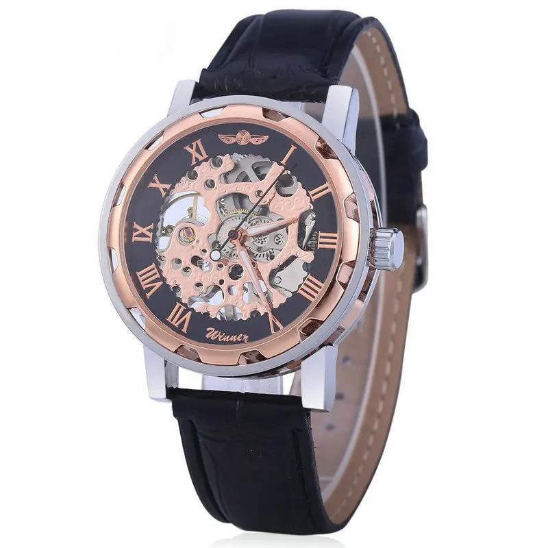 

Winner 614 Golden Watches Men Skeleton Mechanical Watch Leather Top Brands Luxury Man Watch Montre Homme Hand-wind Wristwatch, 9 color for you choose