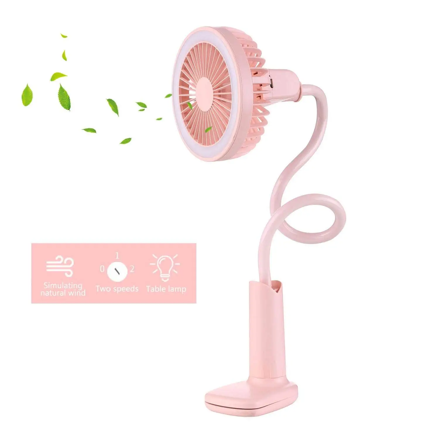 KOBWA LED Clip Fan, 1500mAh Rechargeable Battery Operated Clip on USB Desk Fan, Mini Personal Clip-on Table Fan 2 Speed with Lamp for Baby Stroller, Office, Home,Car, Bedroom