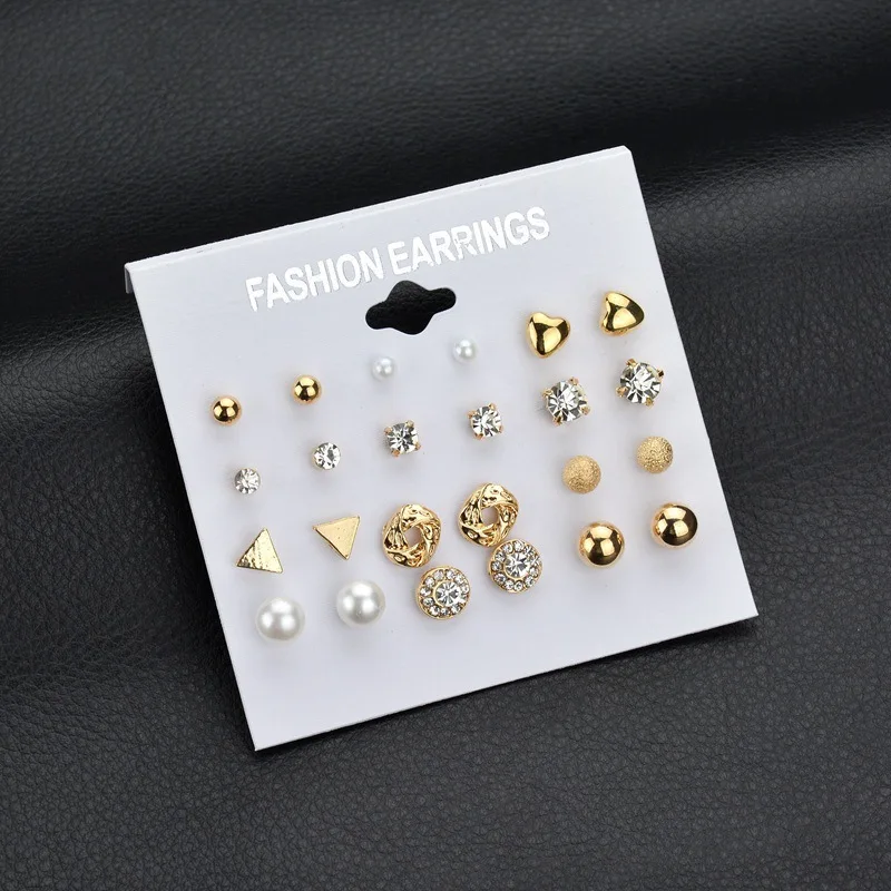 
Trendy Style 12 pair/set Square Crystal Heart Stud Earrings Women Piercing Simulated Pearl Flower Earring 
