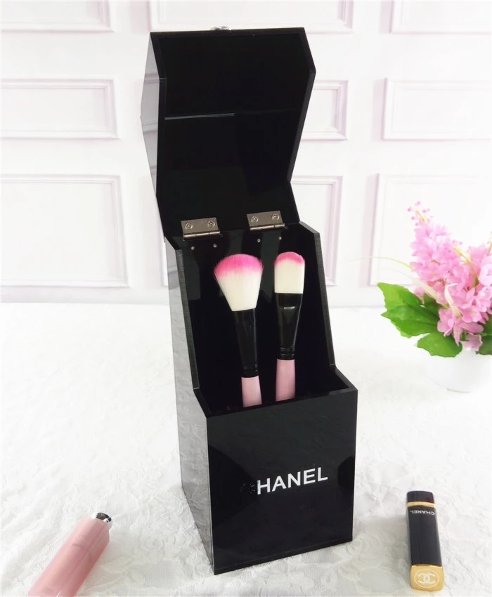 Acrylic Makeup Case Organizer Black Plastic Makeup Brush Container With