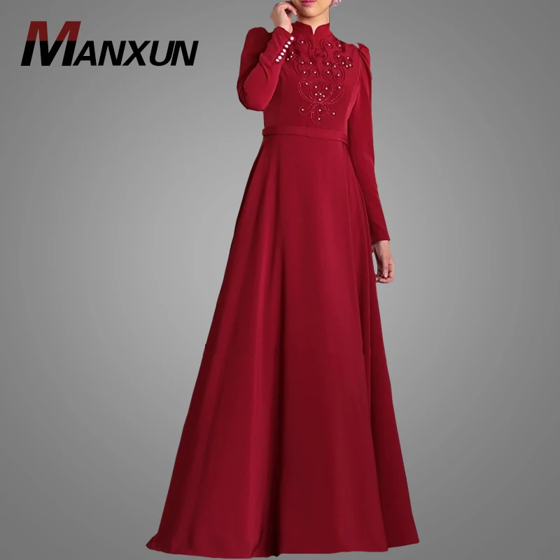 

High Quality Beaded Evening Dress For Islamic Women Long Sleeves Muslim Clothing Maxi Red Beautiful Abaya Dubai Clothing