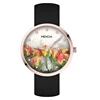 2019 wholesales cheap price fashion lady 3D print colorful flower crystal dial rose gold alloy case leather women watch for sale