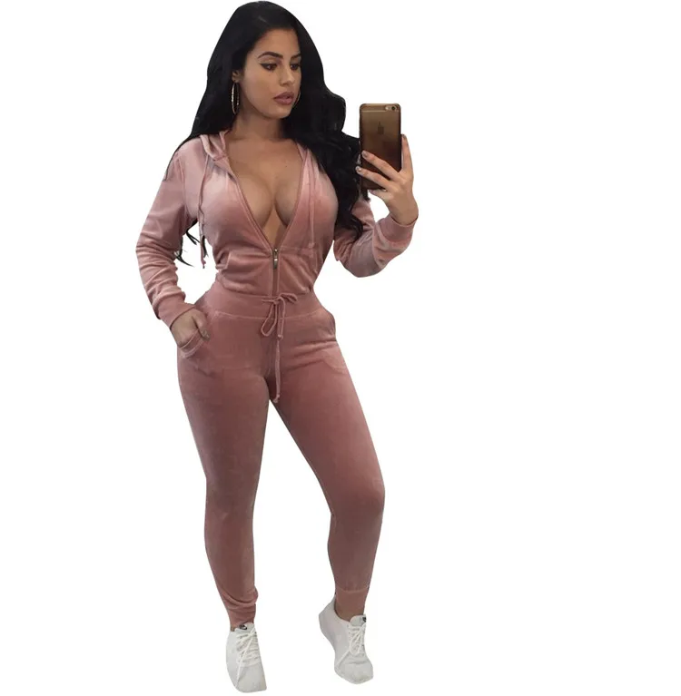 
Custom Logo Hign Quality Long Sleeve V-neck Velour Tracksuit For Women 