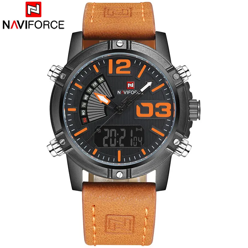 Men Sport NAVIFORCE 9095 Dual Display Digital Analog Electronic Quartz 30M Waterproof Orange Watches