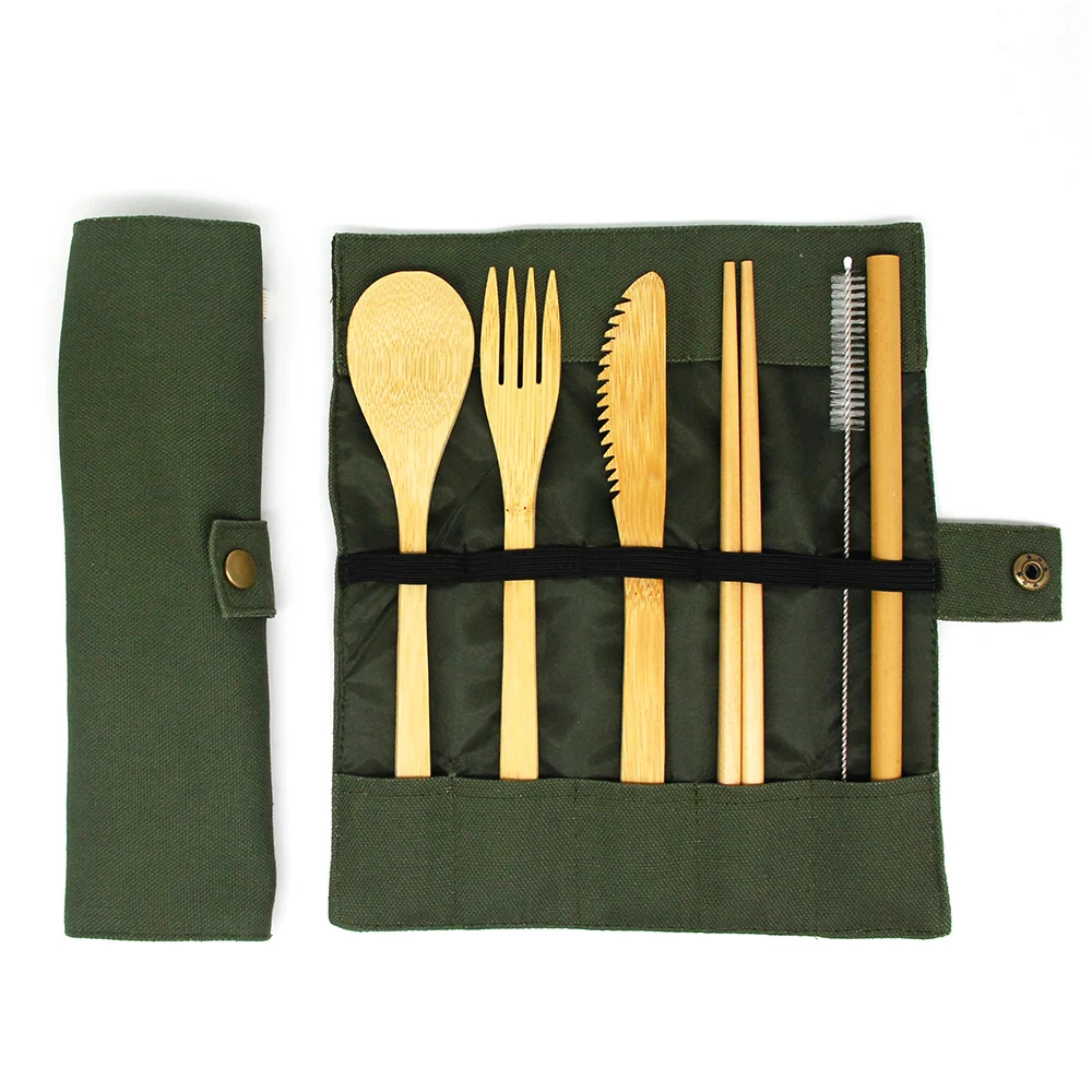 

WanuoCraft Eco Friendly Home Goods Cutlery Set Bamboo Travel Flatware Sets With Knife, Fork,Spoon,Straw,Brush,Chopsticks, Natural