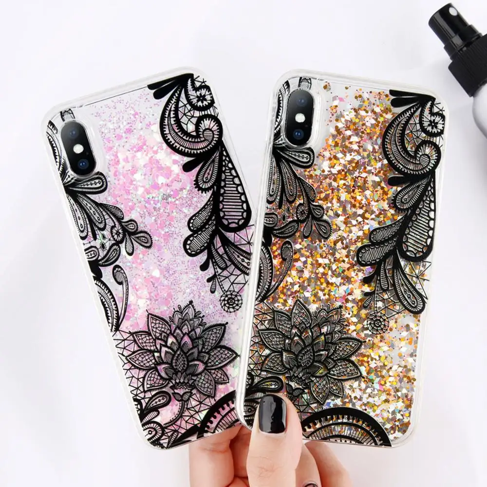 

USLION Shining Quicksand Mandala Lace Flower Hard PC Phone Case for iphone X 6 7 8 Plus, N/a