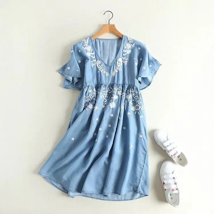 

2019 OEM design Wholesale Fashion Light Blue Summer Women Dress, Blue;indigo or as requested