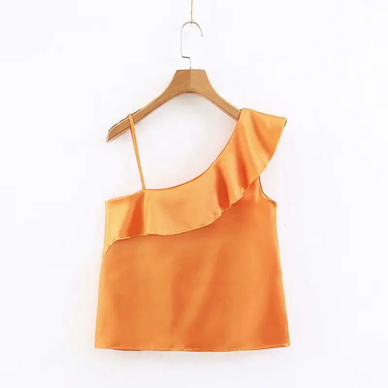 

Sexy one shoulder design ruffle decoration women satin top fashion summer crop tops, Orange