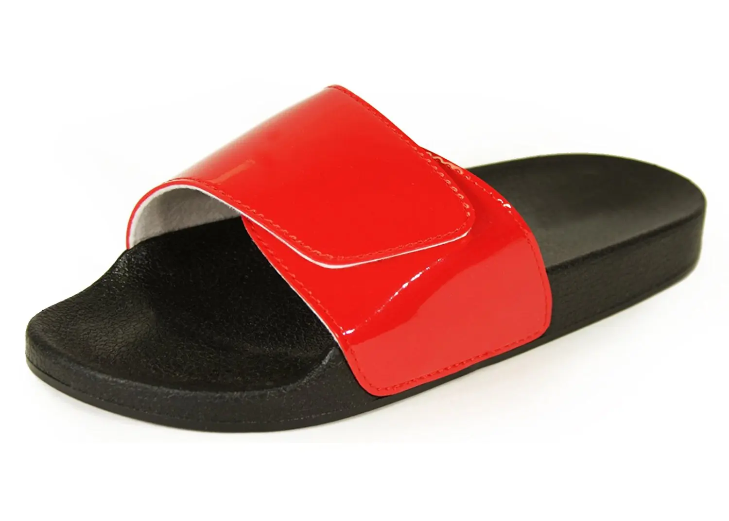 red flat slide sandals