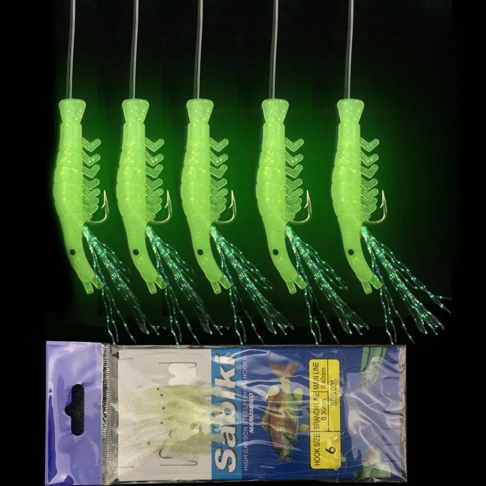 5PCS/Set Luminous Shrimp Hook Fishing Bait Sabiki Hook Shrimp Soft Lure Fishing String Hooks Sabiki