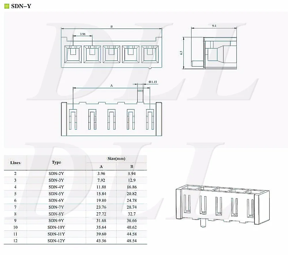 DLL SDN-21T-P1.5 3,96 мм, крок обтискного типу, роз’єми платного типу