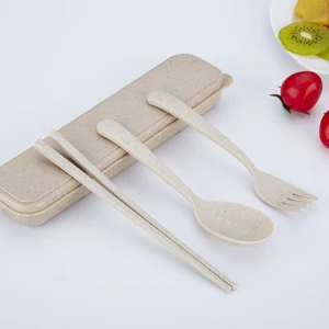 Image of Eco-friendly kids wheat portable cutlery set 3pcs set chopstick fork spoon with the wheat box