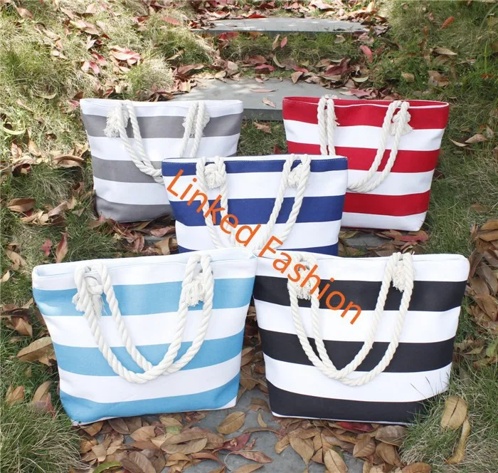 

Promotion Design Stripes Canvas Beach Tote Bag in Summer Beach Bag With Rope Handles STOCKS, Red,black,orange,navy blue,grey,green,pink,mint,yellow or customized