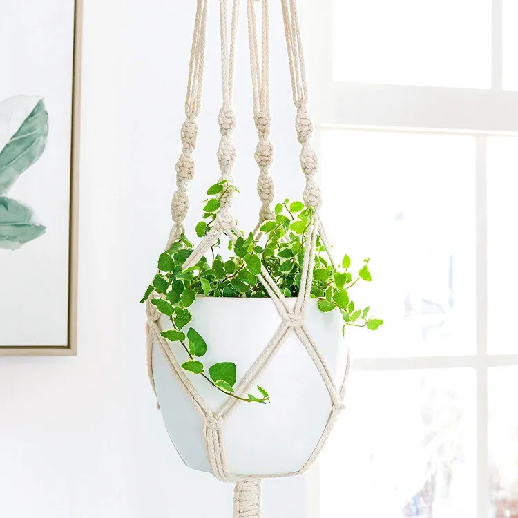 

Macrame Plant Hanger Indoor Outdoor Hanging Planter Basket Cotton Rope 4 Legs, 100% Cotton Handmade Home Decor, White