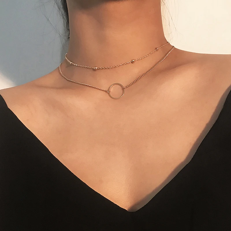 

Simple Geometric Hollow Circles Choker Necklace for Women Golden Double Layer Beads Clavicle Chain (KNK5064), Same as the picture
