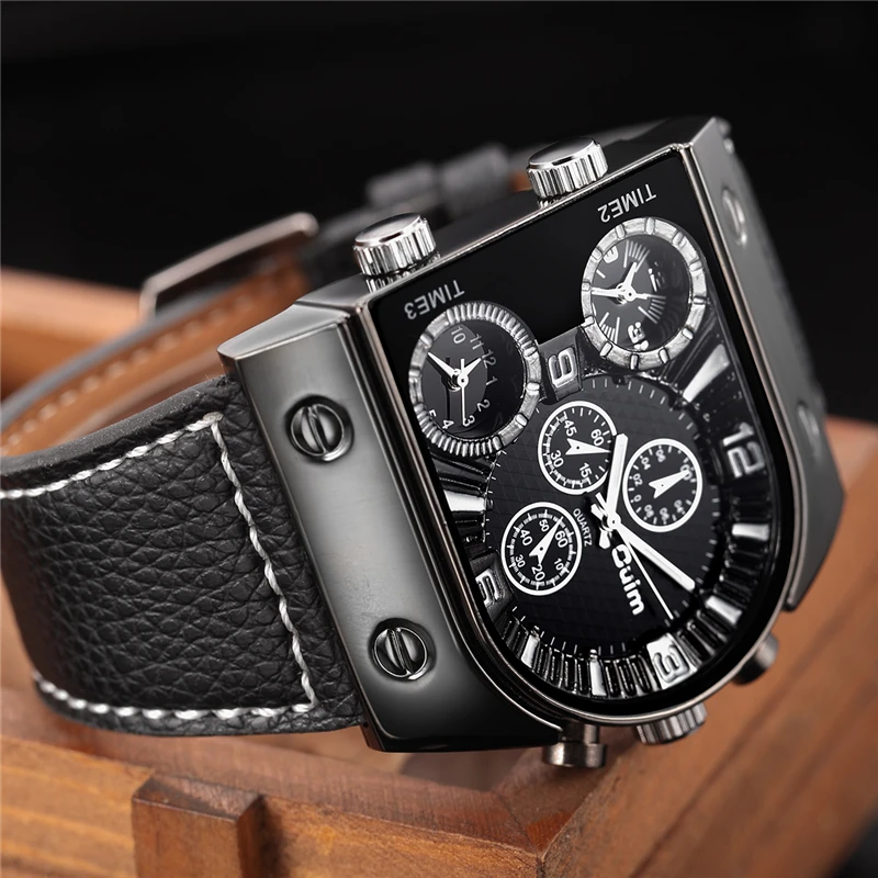 OULM Brand Original Unique Design Square Men Wristwatch Wide Big Dial Casual Leather Strap Quartz Watch Male Sport Watches