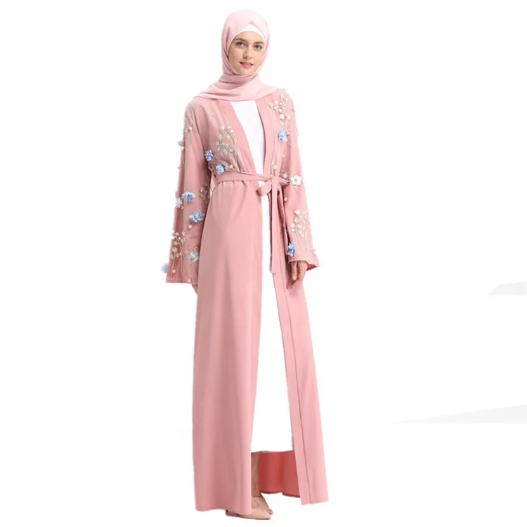 

2018 hot sale embroidery lace dubai pink open abaya, Black;white;grey;pink