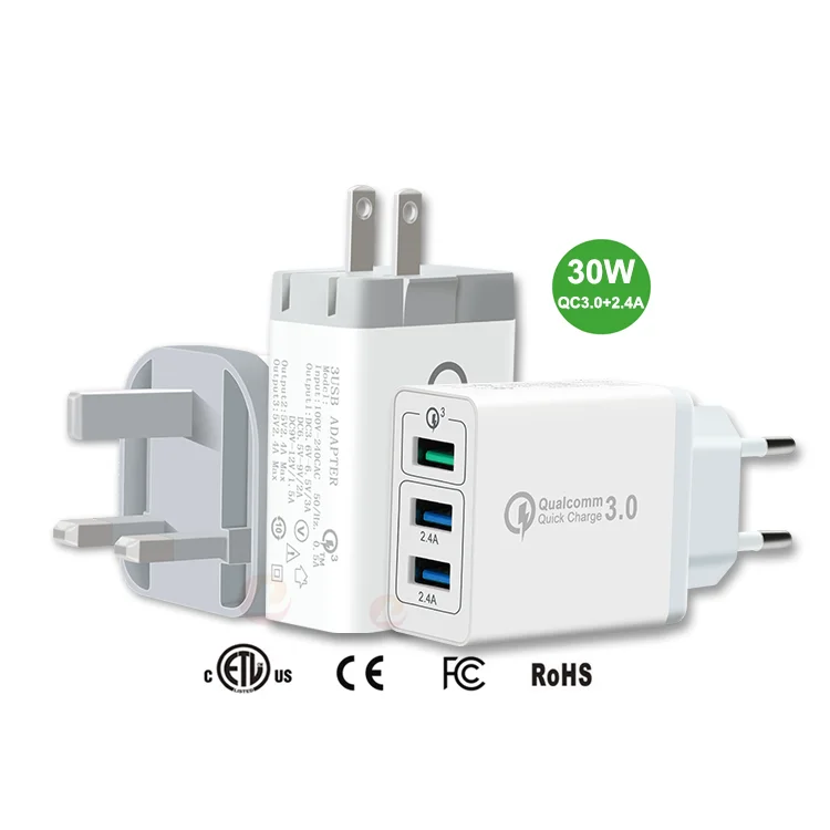 

OEM US/EU/UK plug Qualcomm quick charge 3.0 QC3.0 travel charger 3 port usb wall charger for samsung/mobile phone /cellphone