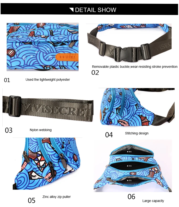 Customize Print Logo Outdoor Stylish Unisex Cartoon Cute Waterproof Bum Hip Bag Polyester