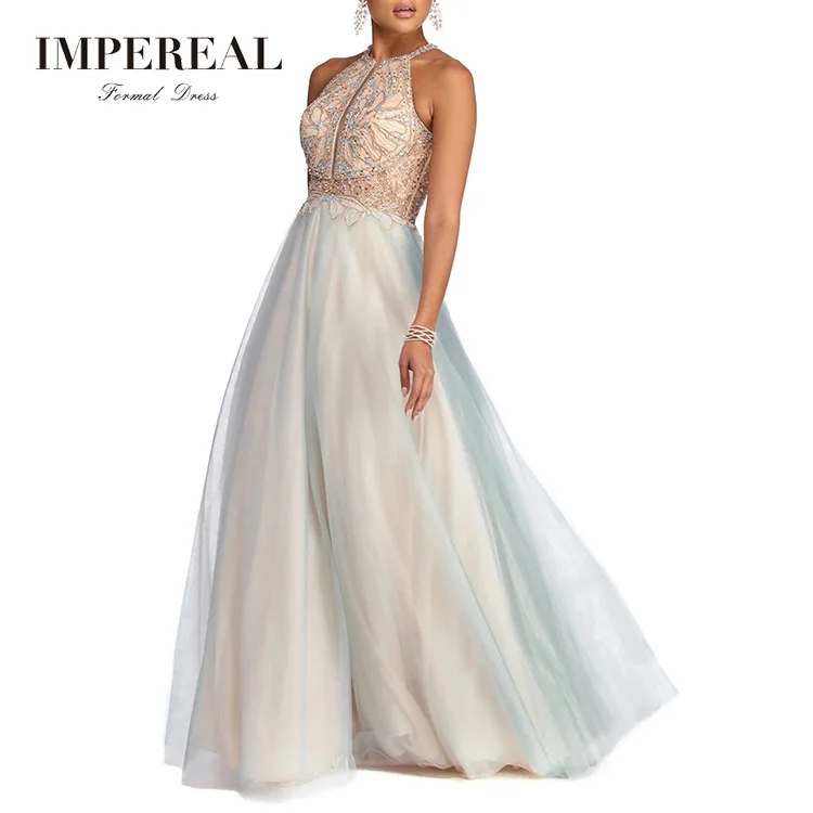 

Long Elegant Evening Fluffy Rhinestone Party Halter Neck Prom Dress, Custom color