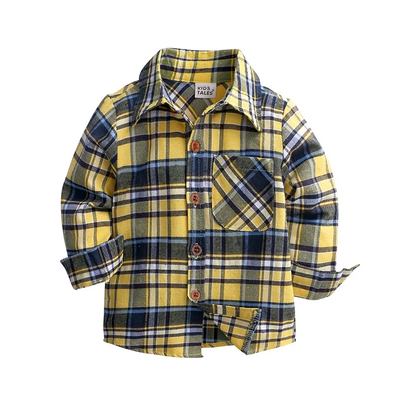 

2018 Cotton Long Sleeve Turn-down Collar Yellow Plaid Children Tops 2-7 Years Old Kids Boys Shirts, As picture