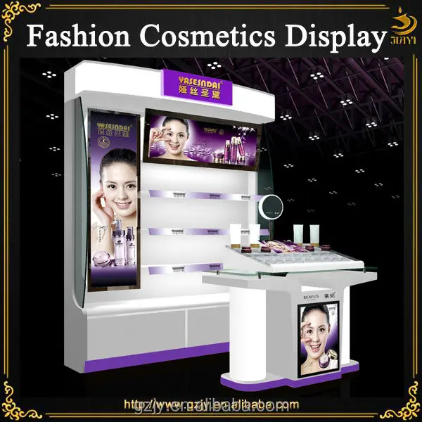 Fashion wood cosmetic display rack stand and glass makeup cabinet showcase for skincare product store interior decoration furniture display design 5.jpg