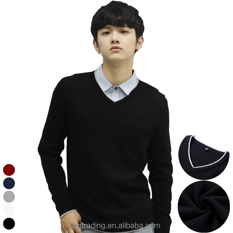 

Autumn winter thick Stocked 9 colors M-XXXL plain knit korean cap sweater men v neck, White;red;grey;black;blue