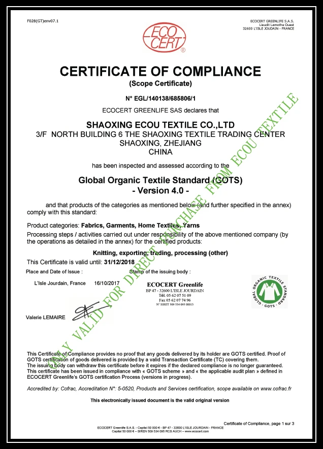 GOTS certificate 32S organic cotton jacquard knit fabric accept OEM service