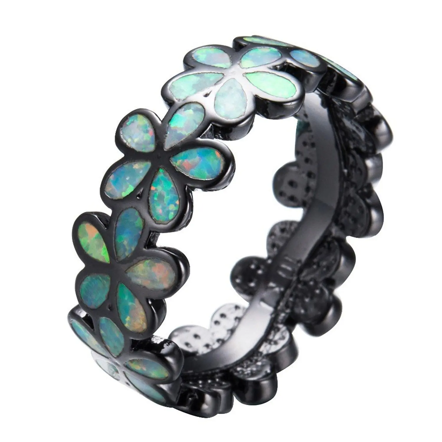 PSRINGS Lovely Flower Shape Rainbow Fire Opal Rings Lady Black Gold Filled Wedding Party Engagement Promise Ring