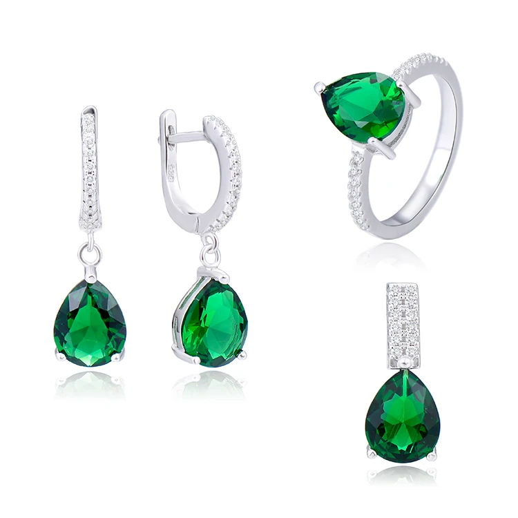 

POLIVA Classic Elegant Turkish 925 Sterling Silver Green Stone AAA Cz Emerald Teardrop Bridal Wedding Jewelry Sets, Ruby red