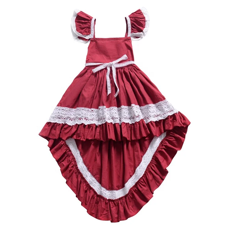

Girls crimson Cotton Angel Sleeves Strap High Low Dress