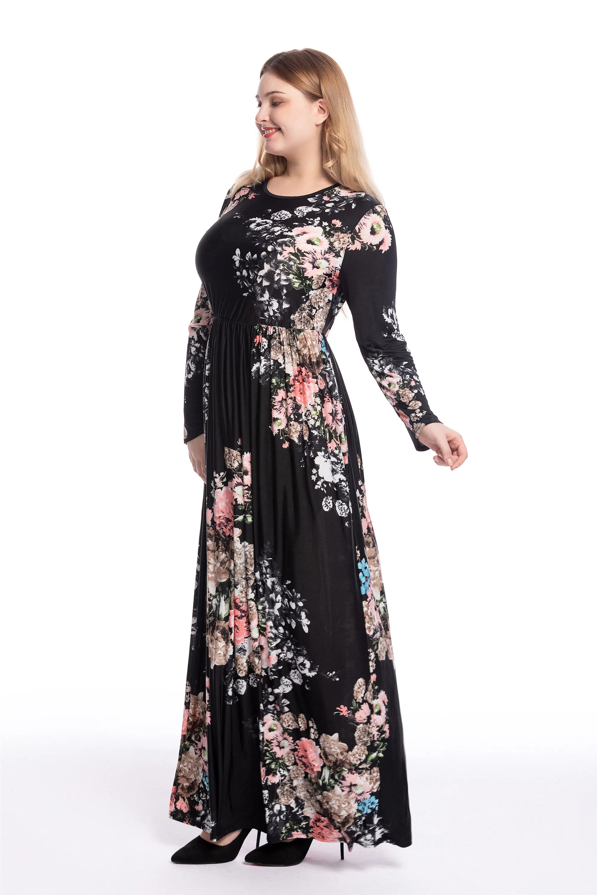 5089# Casual daily long sleeve dress jersey black maxi wrap waist dresses - CHAOMENG MUSLIM SHOP