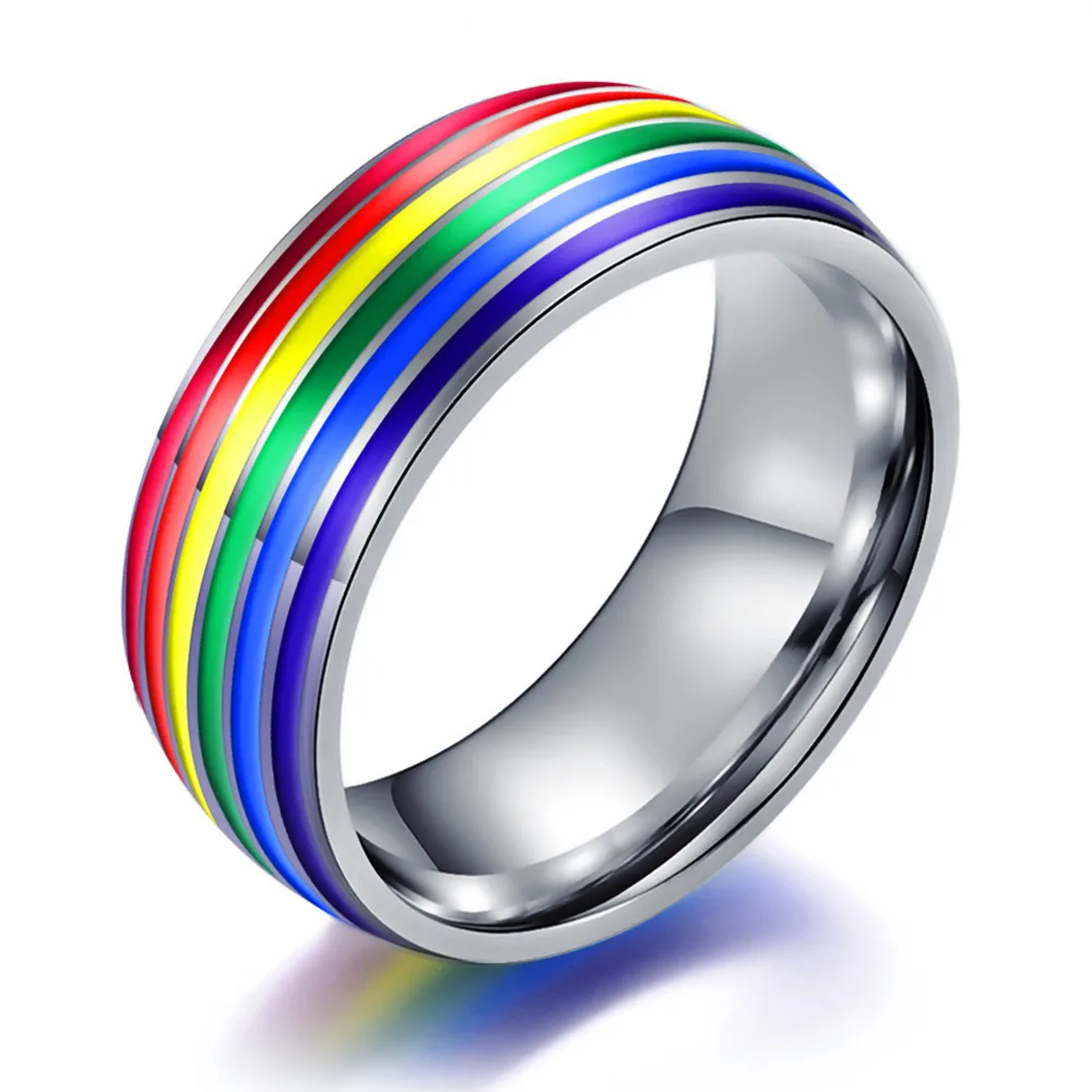 

8mm Titanium Stainless Steel Rainbow Enamel Gay Lesbian Wedding Engagement Promise Band Pride Ring, As picture