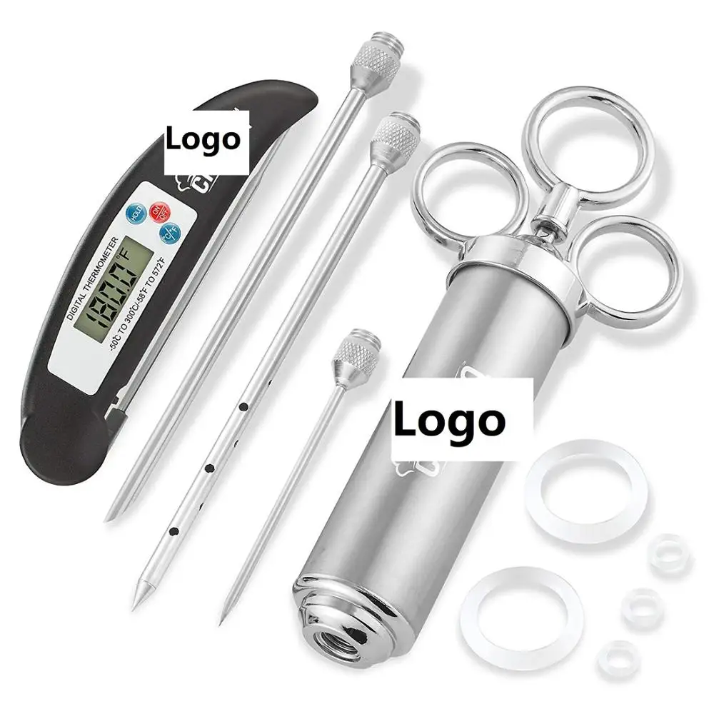 

304 Stainless Steel Seasoning Meat Injector Kit with 2-oz Large Capacity Barrel and 3 Needles, 4 Spare O-rings