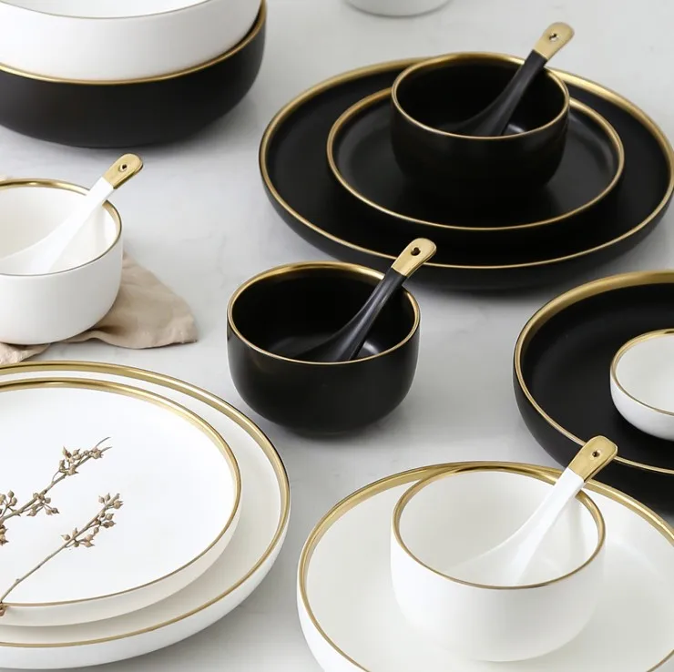 

Nordic ins style gold edge simple ceramic dinnerware set western steak plate household rice salad bowl, Black and white