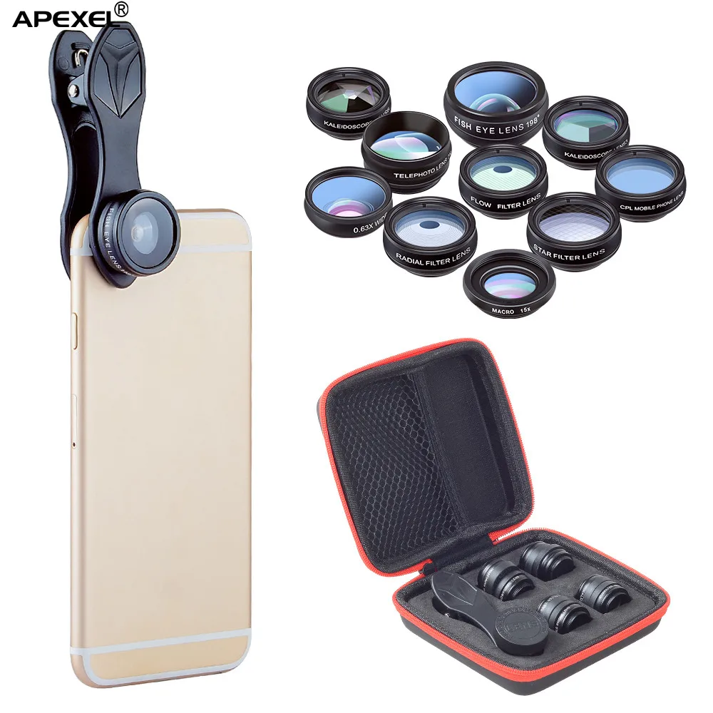 APEXEL New arrival 10 in 1 Cellphone Lens Kit Radial Filter Kaleidoscope lens 4-line star filter fish eye lens APL-DG10