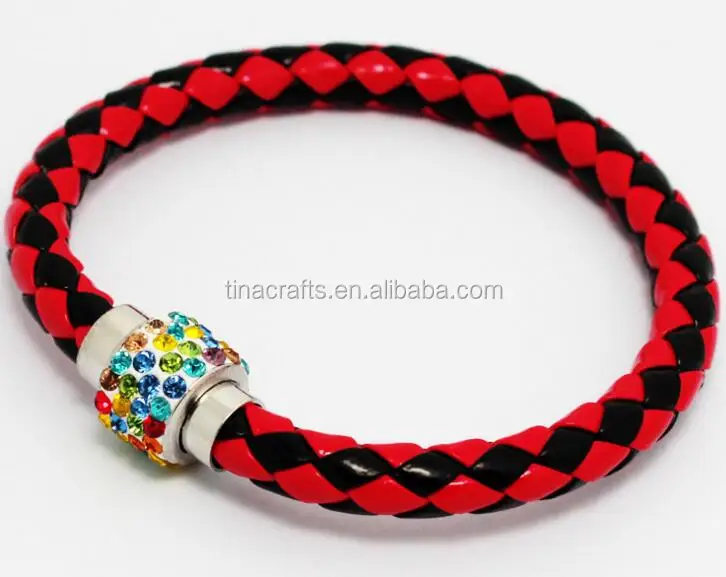 

Single layer 2colours PU leather braid crystal bracelet with clasps