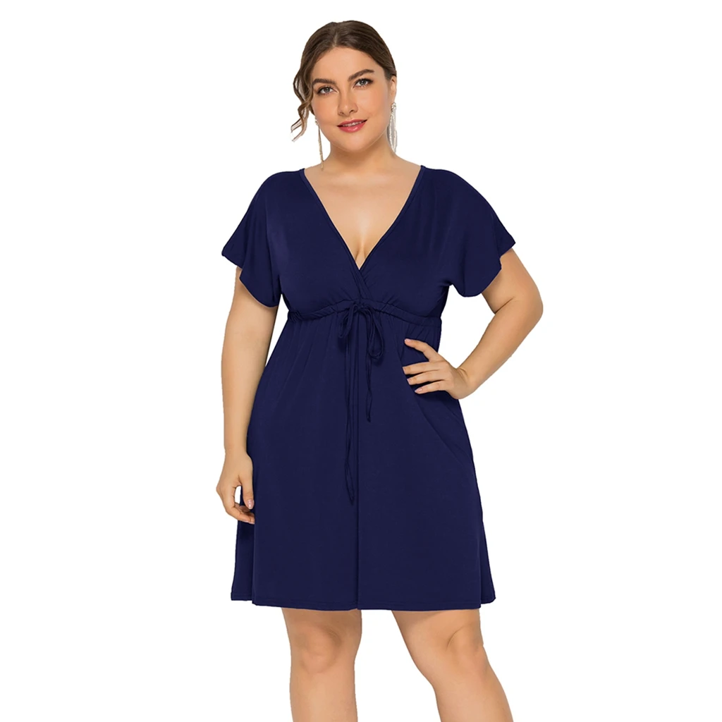 

High quality red Solid Plunging V Back Plus Size V neck mini dress CA-C3316, Pink;royal blue;red;navy;khaki