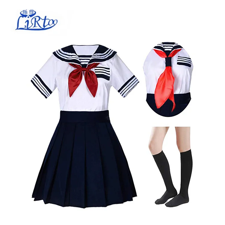 Japanese School Girls Short Sleeve Uniform Sailor Navy Blue Pleated Skirt Anime Cosplay Costumes with Socks Set