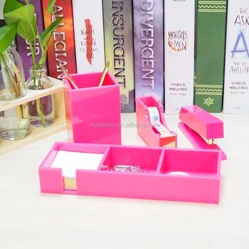 Huisen Pink Set Office Desk Organizer Stapler Pencil Box Tape