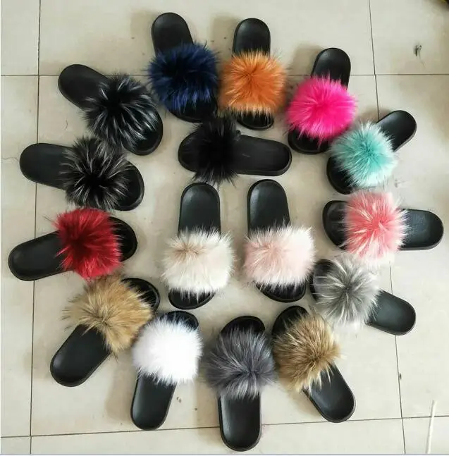 

2018 New Fashion Custom faux fur slippers slides, 16 colors can be customized