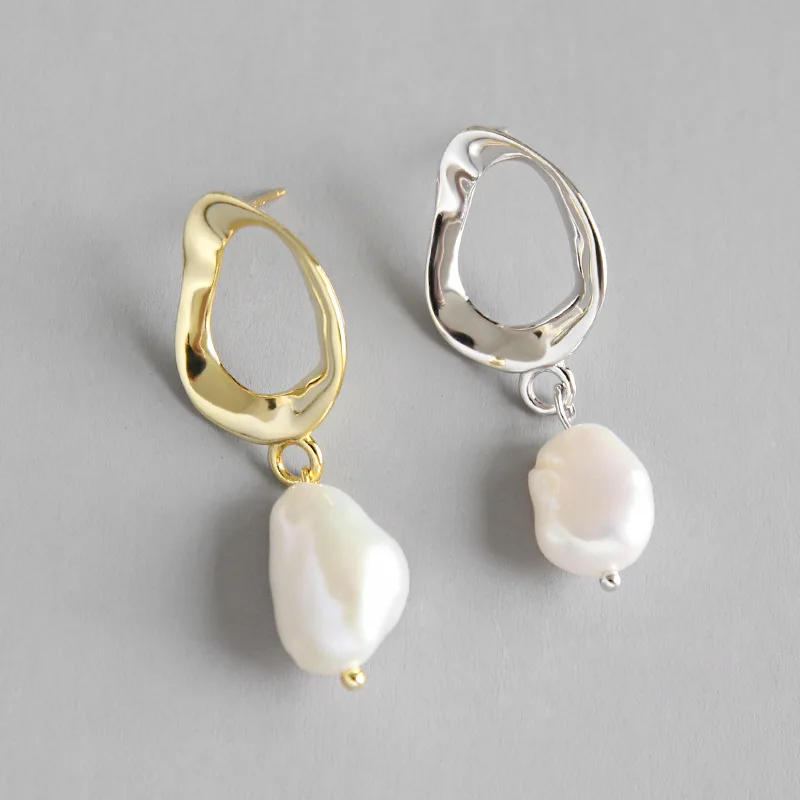 

Simple 18k Gold Irregular Baroque Freshwater Pearl Charm Earring 925 Silver