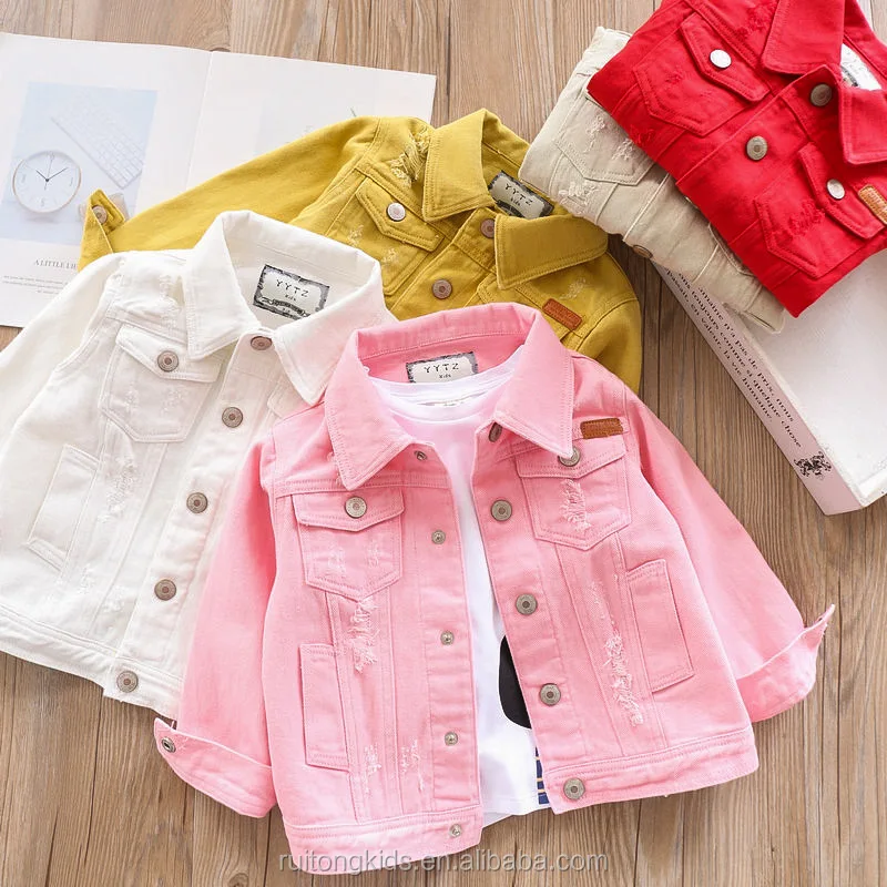 Girls Denim Jacket Coat Pink Plain Jean Ripped Children Clothes
