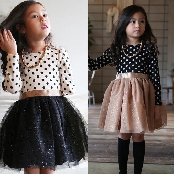 

Girl Kids Long Sleeve Party Princss Lace Dress WIth Black And White Dots, As picture