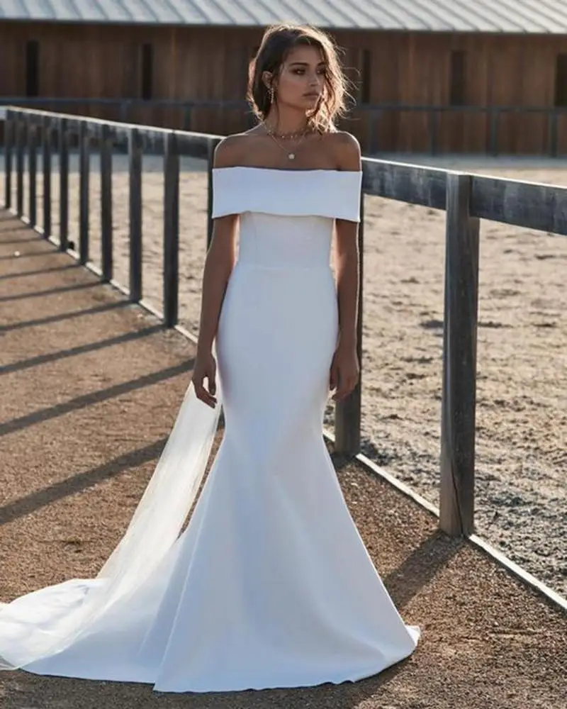 

L411 Off Shoulder Bridal Gowns Mermaid Simple Back Bow Jesery Wedding Dresses