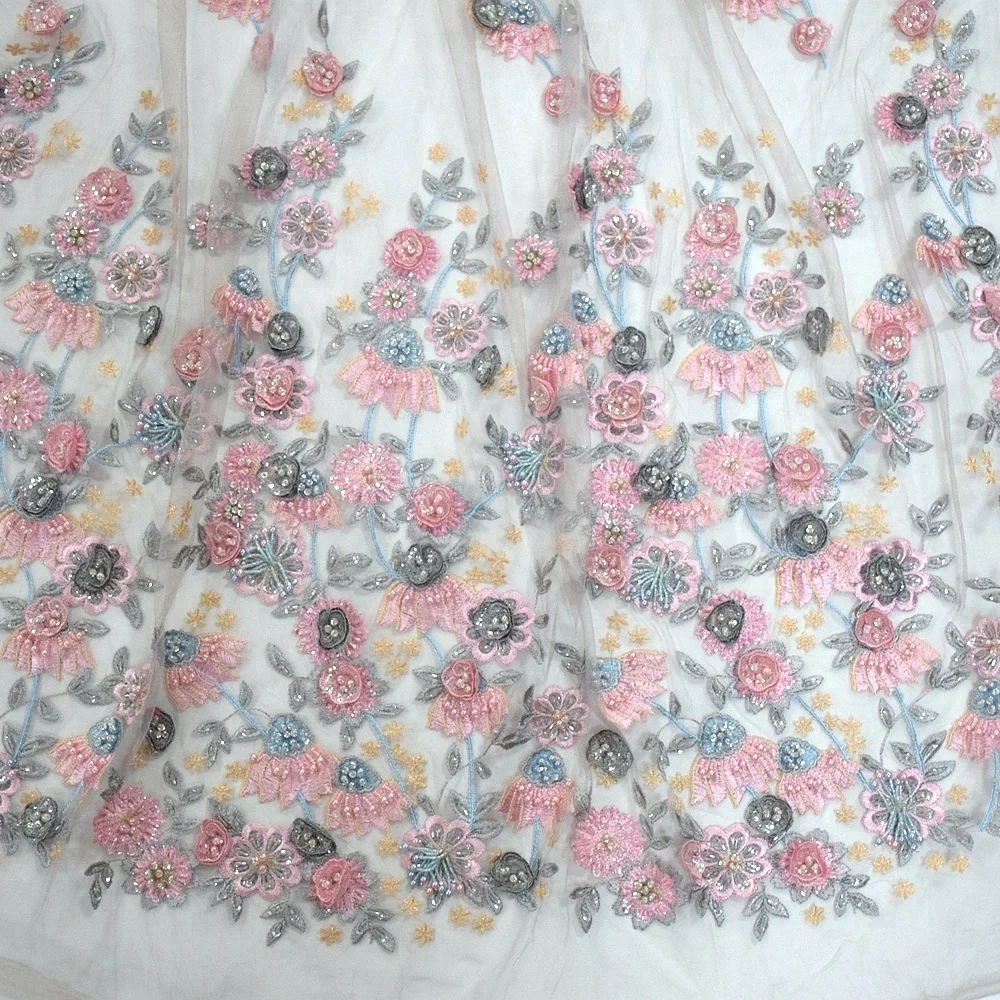 

Top end bridal wedding lace fabric pink colorful customize embroidery net designs with beads and sequins in spring 2019 HY0875-1