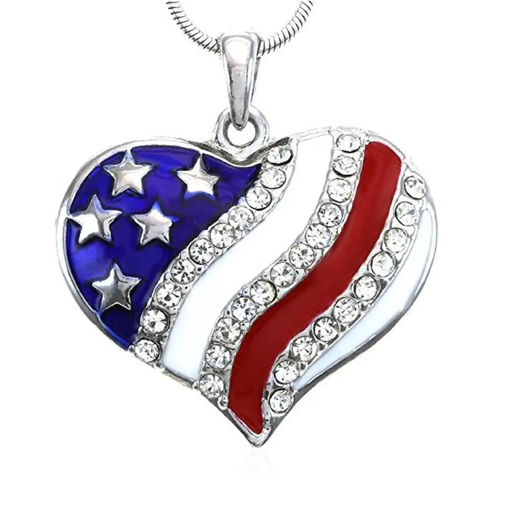 

N350 Trade Assurance Heart Shape American Flag Crystal Pendant Necklaces Rhinestone Enamel Jewelry, As picture