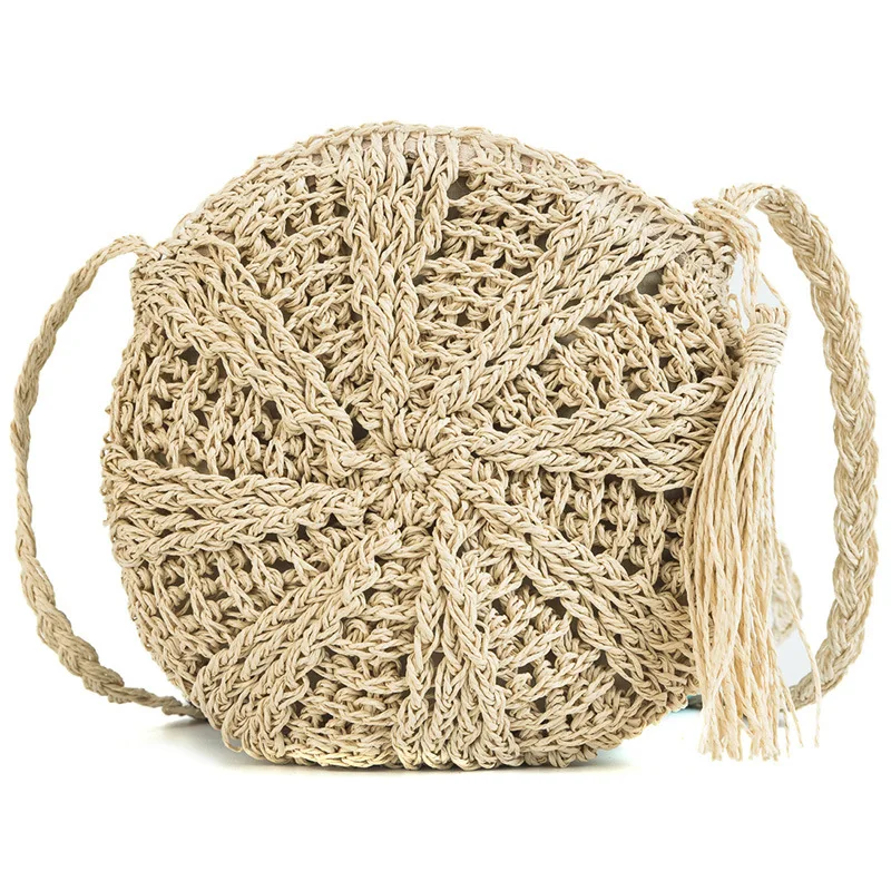 

Wholesale New Leisure Circular Hollowing Out Tassel Women Beach Bag Straw Bag Shoulder Bag, 2 colors