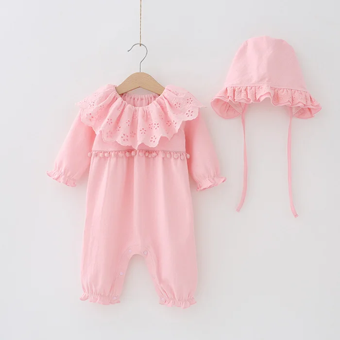 

2019 wholesale spring autumn organic cotton infant toddler girl rompers for newborn baby clothing, Pink / white