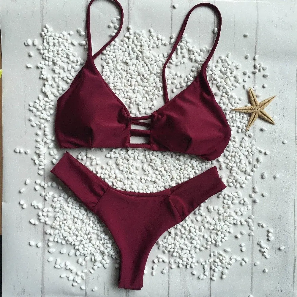 

Multi Rope wine Red Bandage Sexy swimwear thong 2017 padded swimwear Ladies brazilian women bathing suit